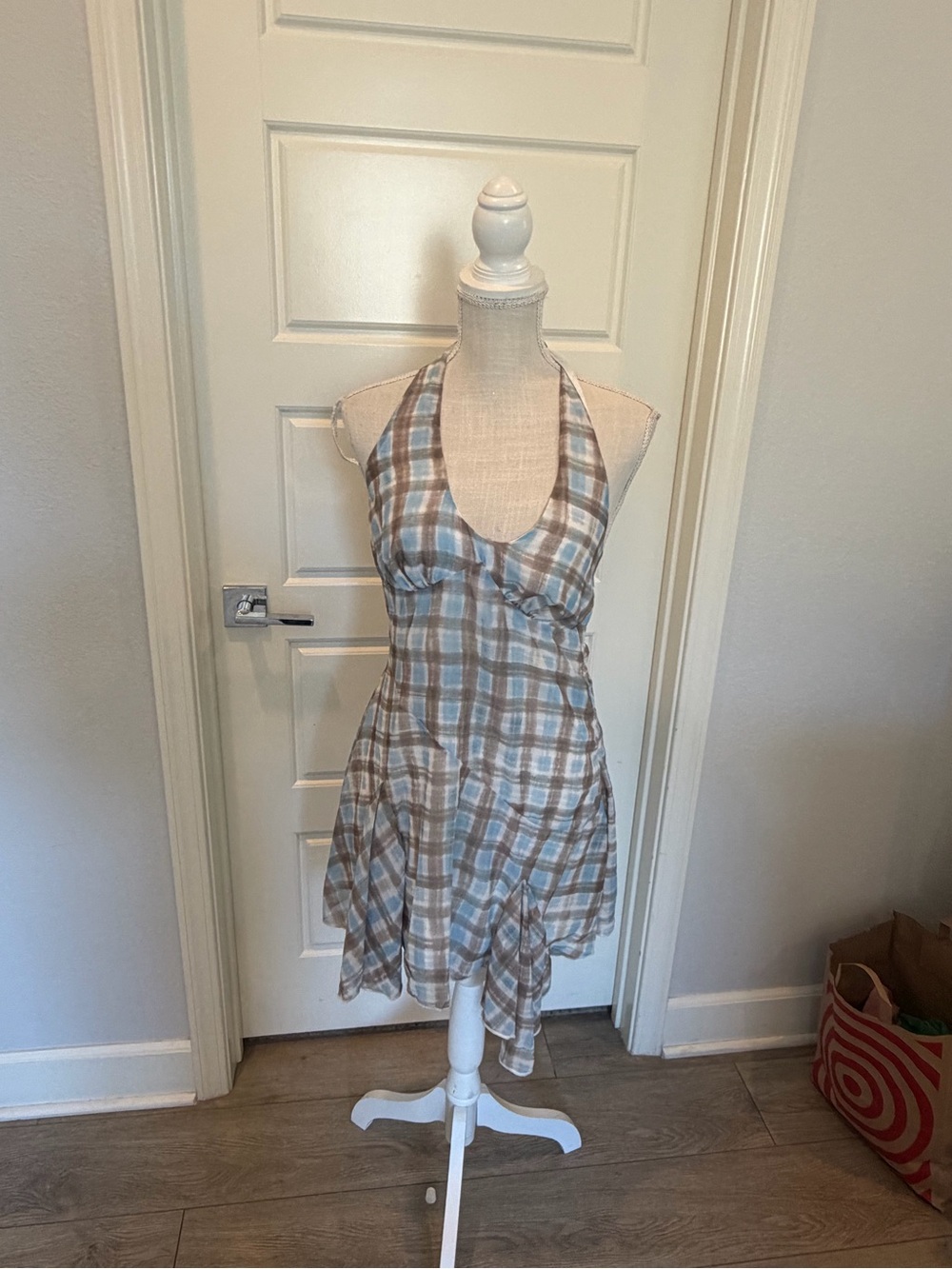 Sleeveless Plaid Halter Dress in Light Blue and Beige